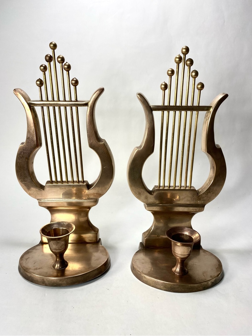 Pair Vintage Andrea Brass Harp Lyre Wall Candle Holder Sconce or Bookends